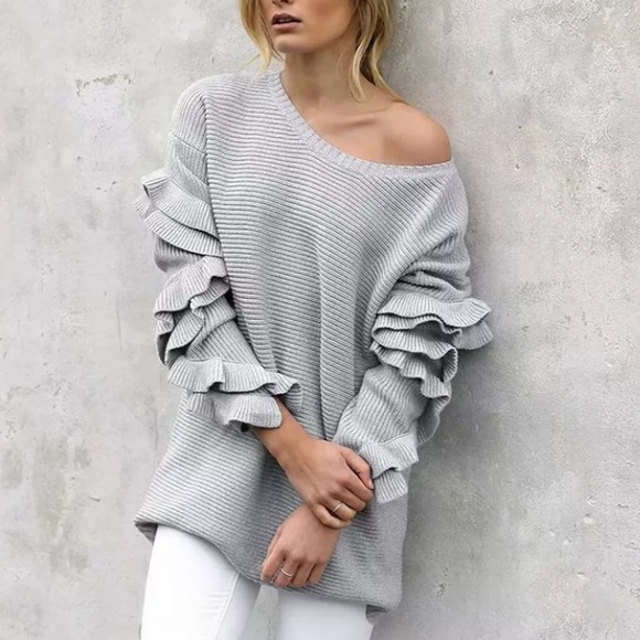 Gray Ruffled Sleeve Knit One Size Sweater - Picture 3 of 8